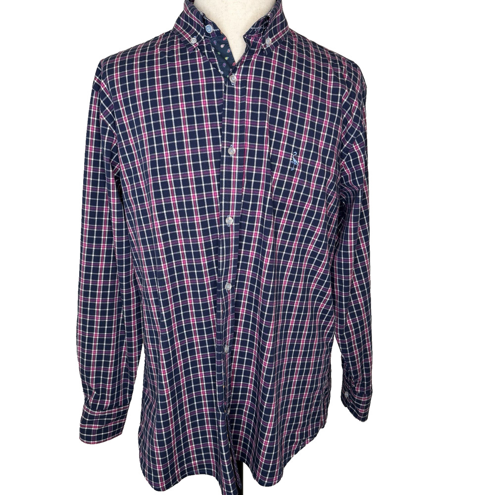Tailor Byrd Men’s Button Down Long Sleeve Shirt XL Navy/pink/white Plaid